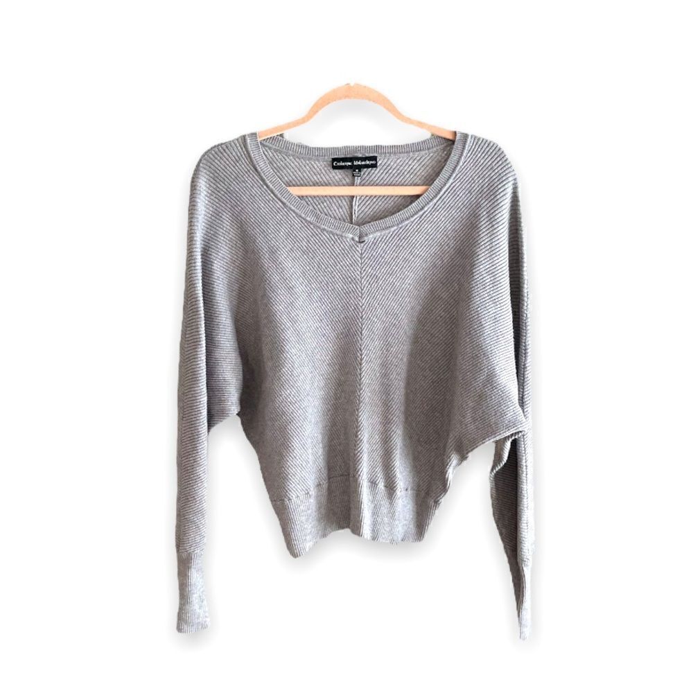 CATHERINE MALANDRINO | Gray Diagonal Knit V-Neck Sweater (M)